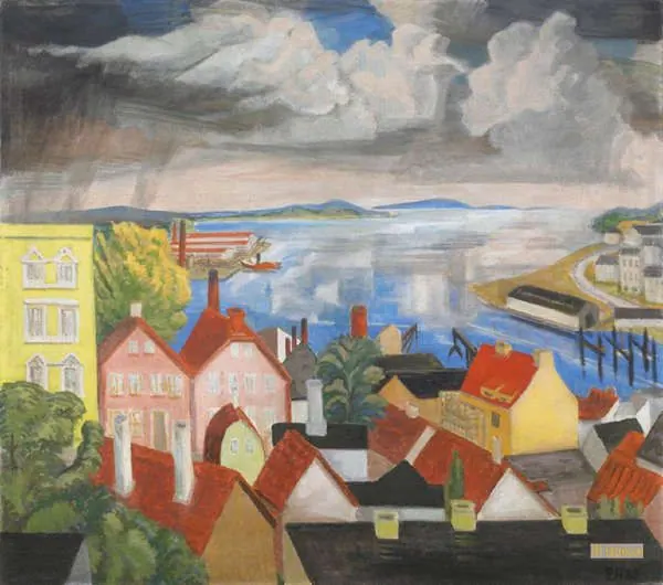 Painting by Erich Heckel — fjord landscape with waterfront houses