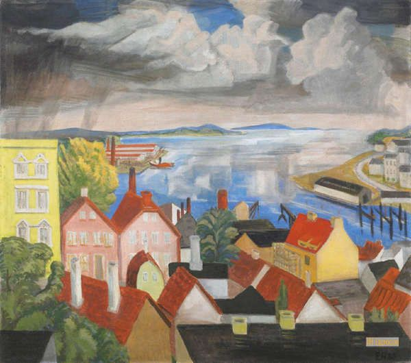 Gemälde von Erich Heckel — Förde-Landschaft mit Häusern am Wasser