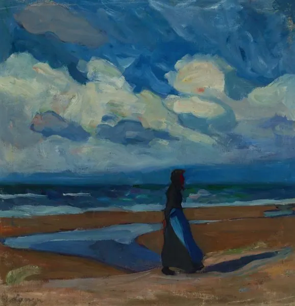 Painting by Käte Lassen — woman on the beach beneath a vast cloudy sky