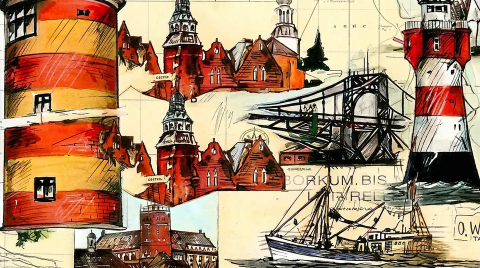 Work by Ole West — lighthouses and ships in nautical-chart mixed media