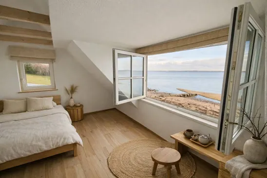 Schlafzimmer im Beach House mit Blick auf den Badesteg und die Förde