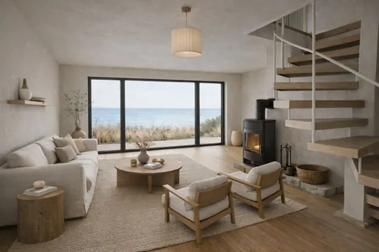 Wohnzimmer im Beach House mit Panoramafenstern, Kaminofen und Meerblick