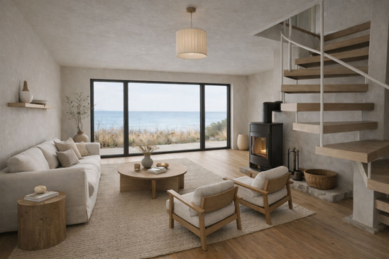 Wohnzimmer im Beach House mit Panoramafenstern, Kaminofen und Meerblick