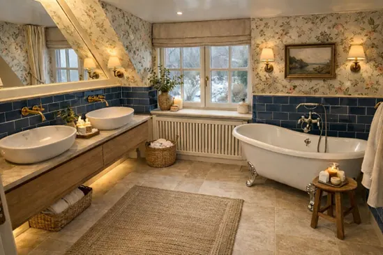 Badezimmer im Haupthaus mit freistehender Badewanne und blauen Fliesen
