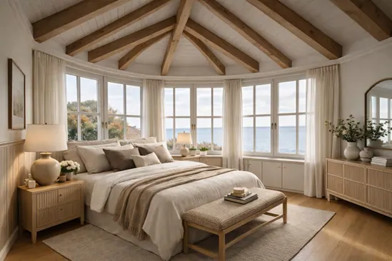 Schlafzimmer im Haupthaus mit Holzbalkendecke und Meerblick