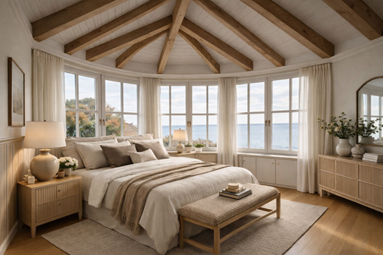 Schlafzimmer im Haupthaus mit Holzbalkendecke und Meerblick