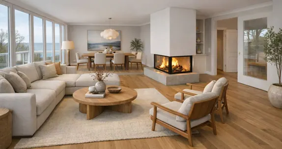 Wohnzimmer im Haupthaus mit Kamin und Panoramafenstern