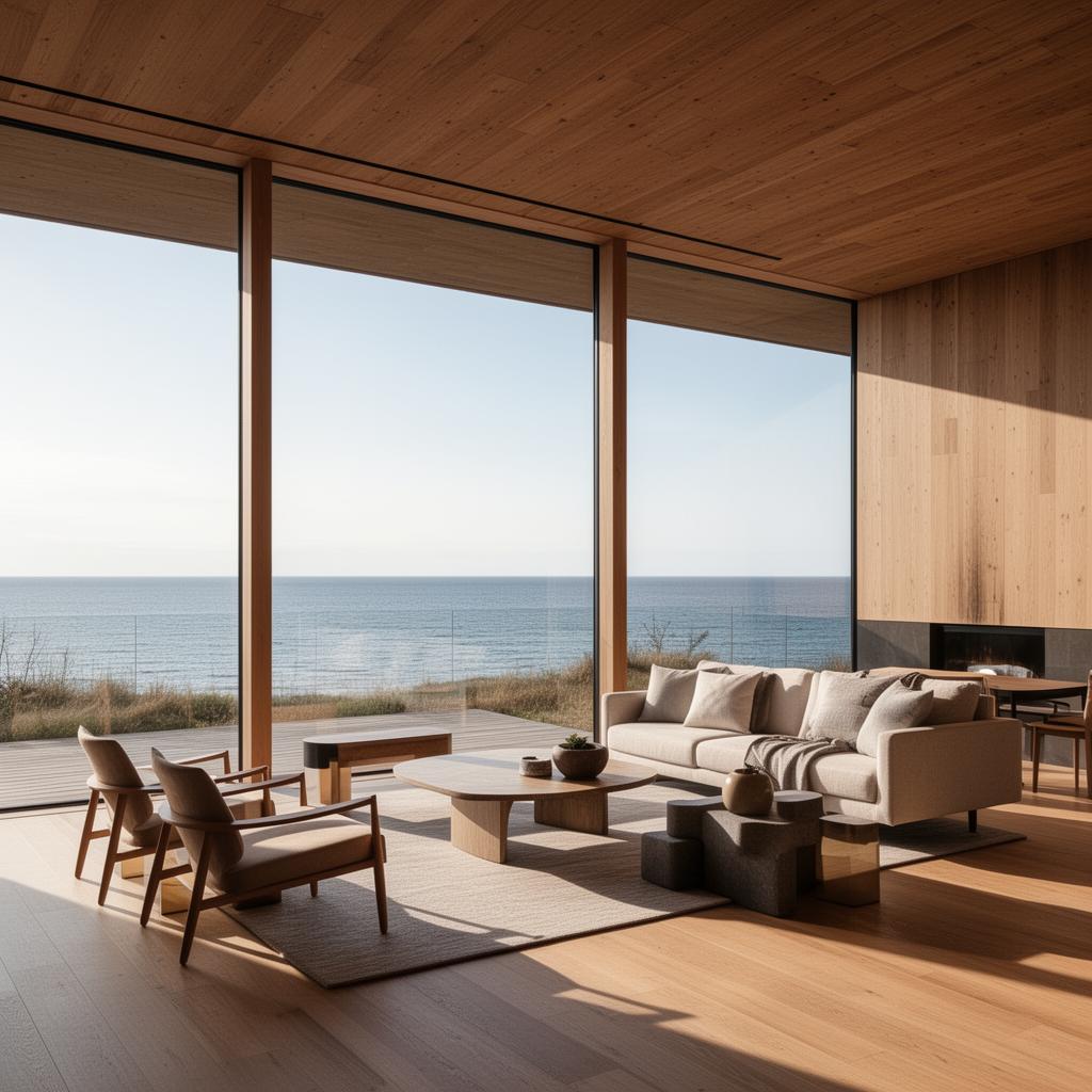 Luxuriöser Wohnbereich mit Panoramafenster und Blick auf die Ostsee