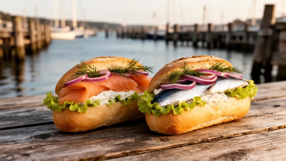 Frische Fischbrötchen mit Stremellachs und Bismarckhering an einem Holzsteg an der Flensburger Förde
