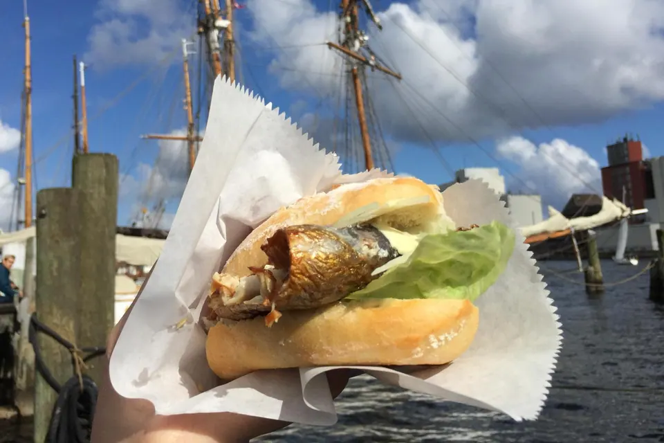 Frische Fischbrötchen mit Stremellachs und Bismarckhering an einem Holzsteg an der Flensburger Förde
