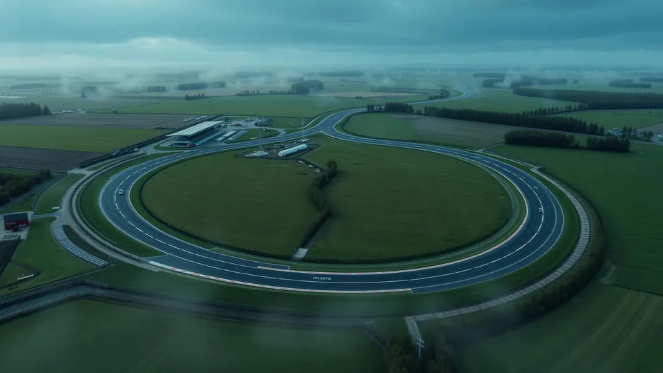 Luftbild-Visualisierung einer geplanten Formel-1-Rennstrecke mit langen Kurven in der grünen Landschaft nahe der deutsch-dänischen Grenze bei Pattburg