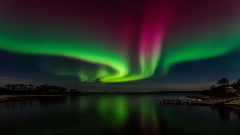 Grüne und magentafarbene Polarlichter tanzen über der dunklen Flensburger Förde, Spiegelung auf dem Wasser, Bäume am Horizont