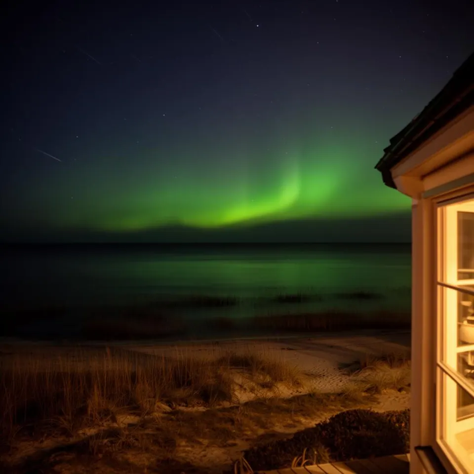 Grüne und magentafarbene Polarlichter tanzen über der dunklen Flensburger Förde, Spiegelung auf dem Wasser, Bäume am Horizont